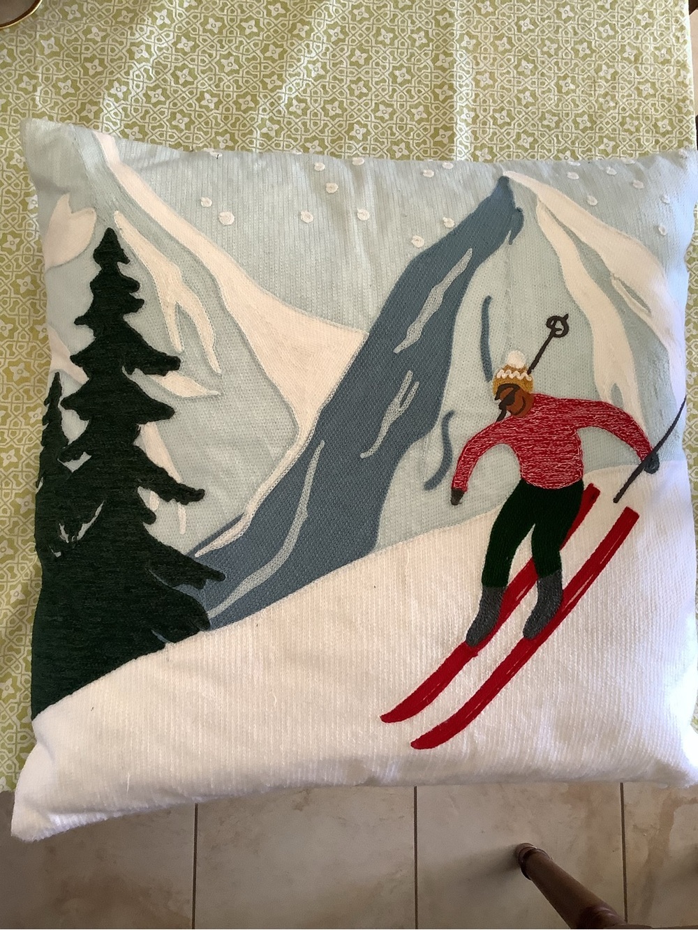 West Elm Skiing Applique Pillow - Throw Pillow | Skier Snow Mountain